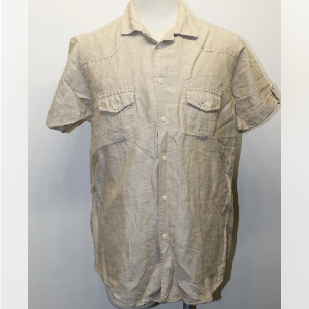 Springfield Men Short Sleeve Shirt Linen Sz Large Beach Brown Natural Summer